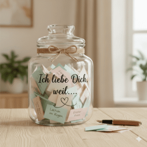 Glas mit Sprüchen zum Valtentinstag