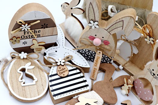 Charming Easter-themed wooden crafts featuring bunnies and eggs, perfect for rustic and eco-friendly decoration. Ostergeschenk