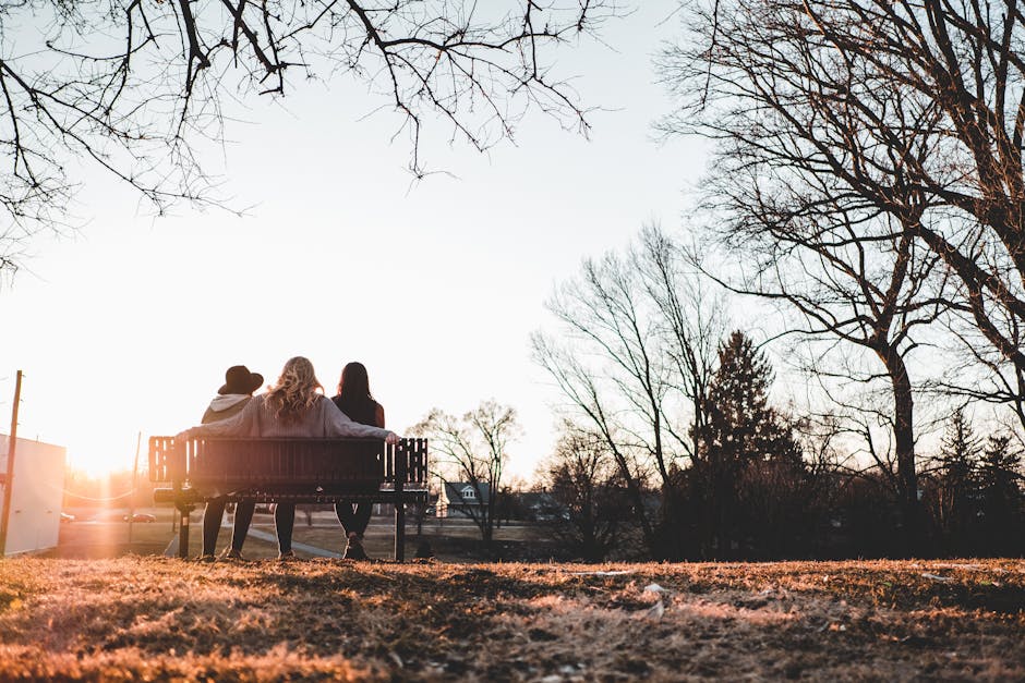 Three friends enjoy a serene sunset on a park bench surrounded by autumn leaves.
