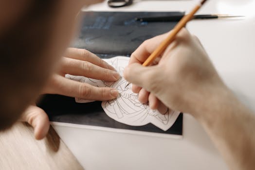 Close-up of hands sketching intricate artwork on paper using a pencil.