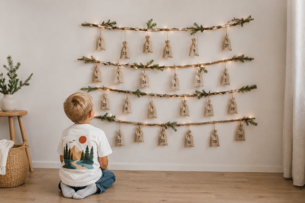 ein Junge kniet vor einem Adventskalender. der adventskalender hängt an der Wand mit selbst befüllten Säckchen.