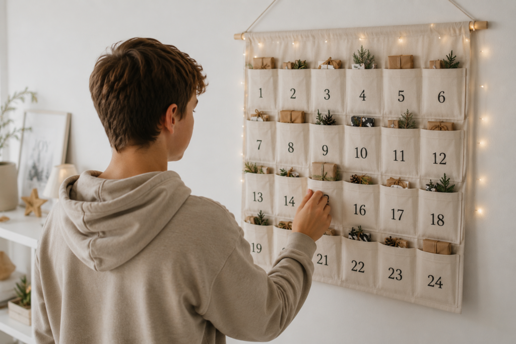 Junge im Teenager Alter vor einem Adventskalender mit 24 Türchen
