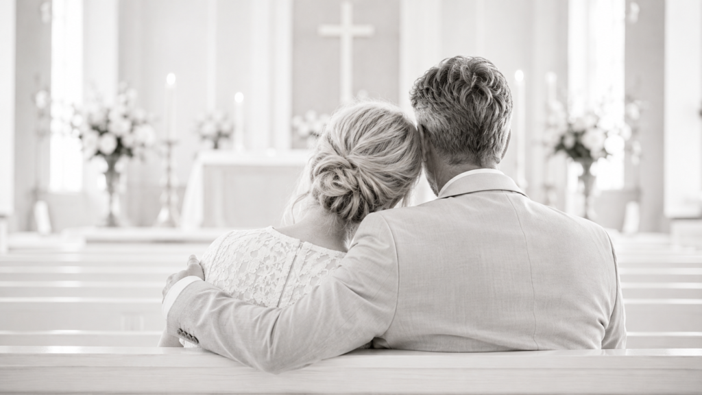 ein Paar in festlicher Kleidung in einer Kirche sitzend auf der Bank bei ihrer Silberhochzeit